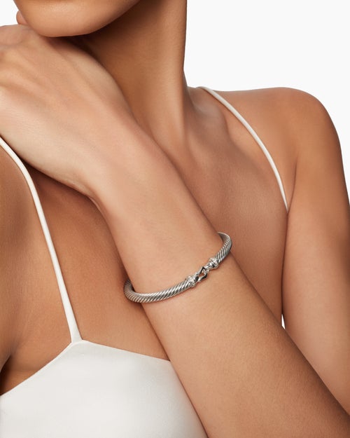 Womens Buckle Classic Cable Bracelet in Sterling Silver with Diamonds, 5mm