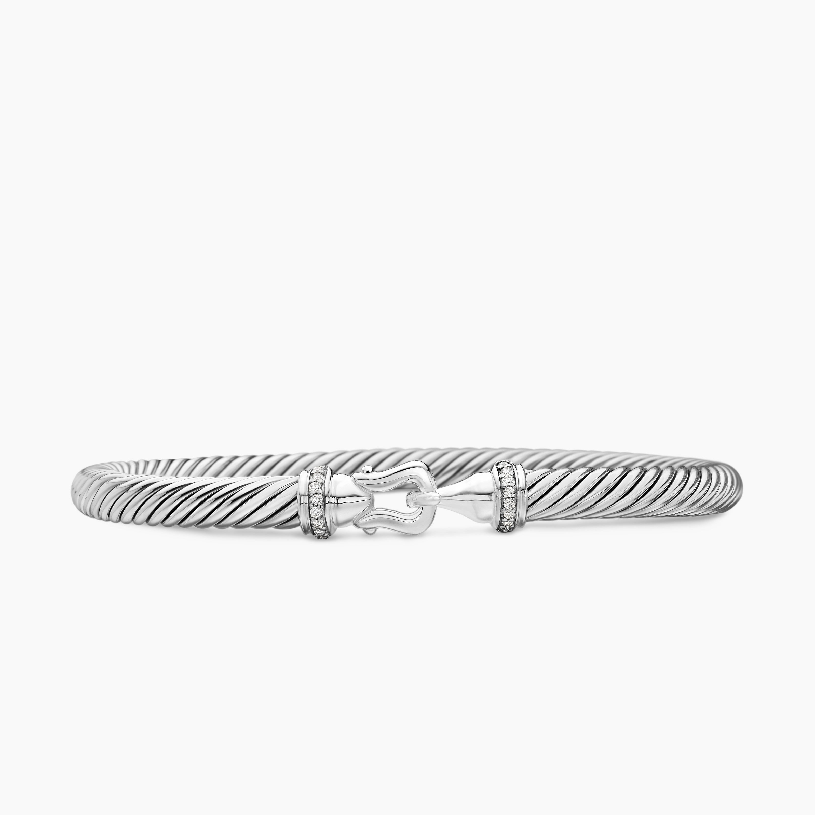 Womens Buckle Classic Cable Bracelet in Sterling Silver with Diamonds, 5mm