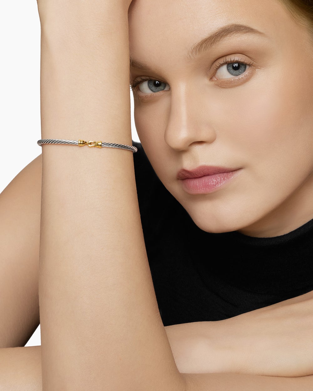 Womens Buckle Classic Cable Bracelet in Sterling Silver with 18K Yellow Gold, 3mm