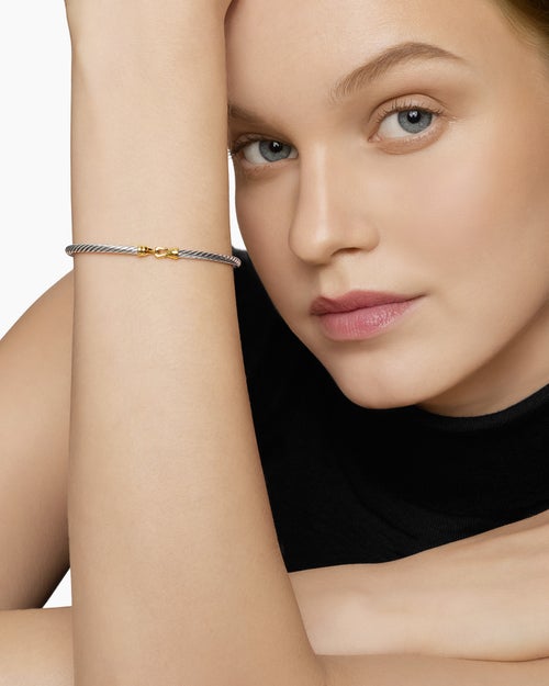 Womens Buckle Classic Cable Bracelet in Sterling Silver with 18ct Yellow Gold, 3mm