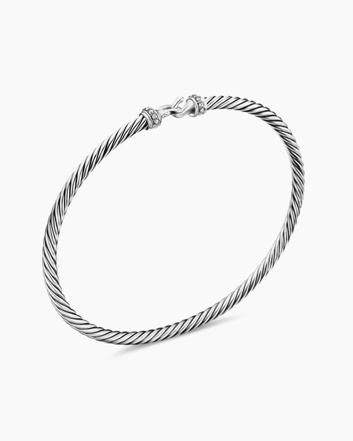 Womens Buckle Classic Cable Bracelet in Sterling Silver with Diamonds, 3mm