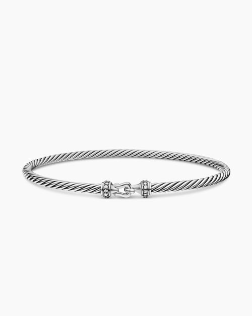 Womens Buckle Classic Cable Bracelet in Sterling Silver with Diamonds, 3mm