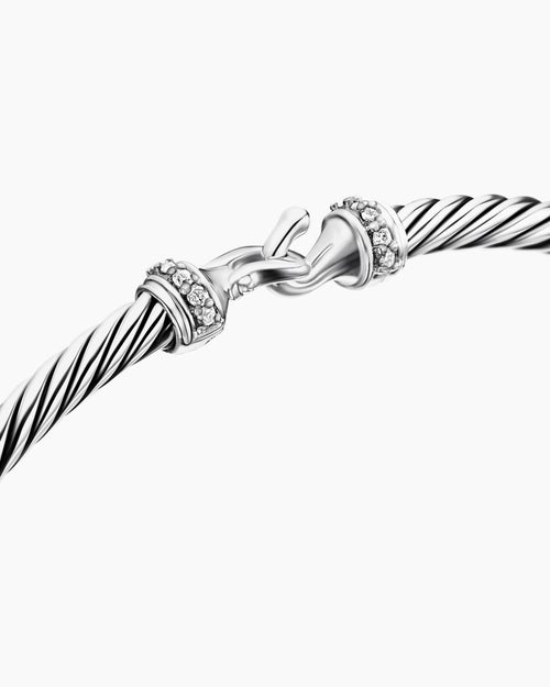 Womens Buckle Classic Cable Bracelet in Sterling Silver with Diamonds, 3mm