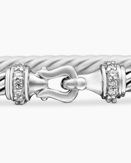 Womens Buckle Classic Cable Bracelet in Sterling Silver with Diamonds, 3mm