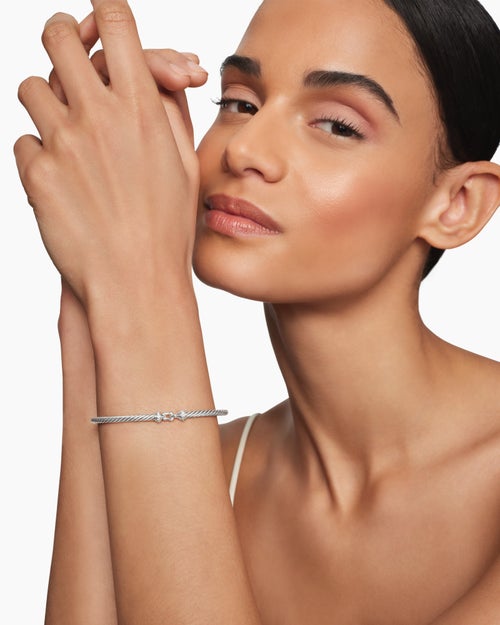 Womens Buckle Classic Cable Bracelet in Sterling Silver with Diamonds, 3mm