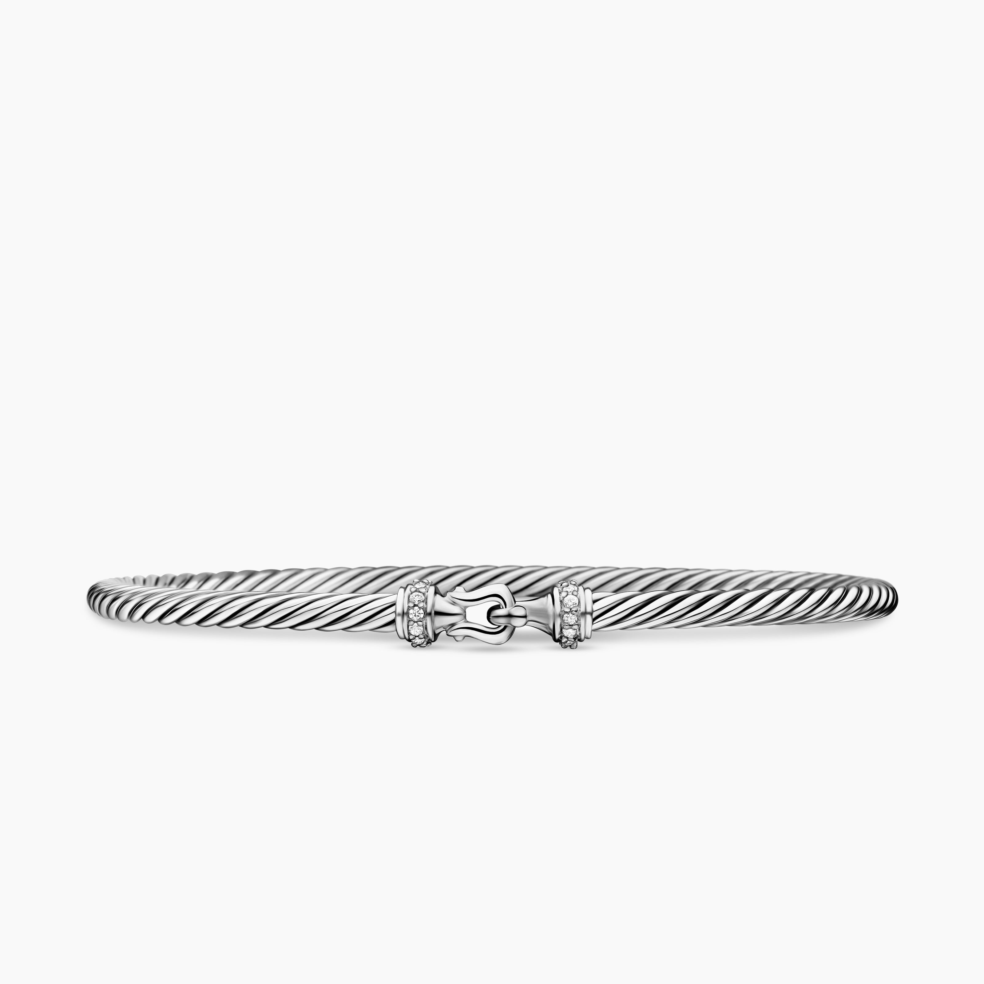 Womens Buckle Classic Cable Bracelet in Sterling Silver with Diamonds, 3mm