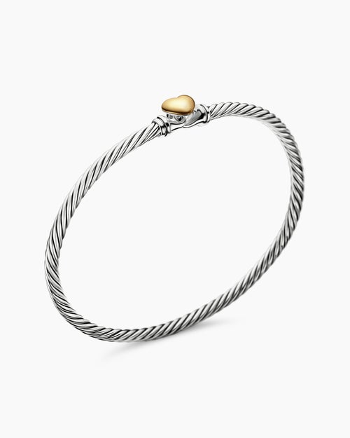Womens Classic Cable Heart Station Bracelet in Sterling Silver with 18K Yellow Gold, 3mm
