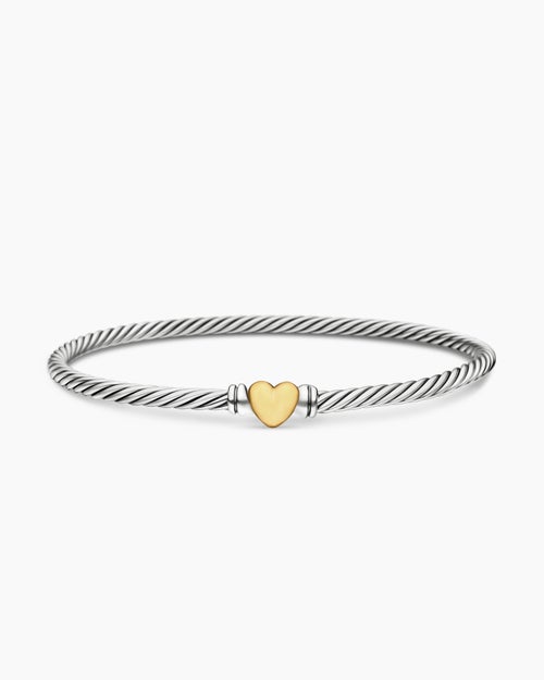Womens Classic Cable Heart Station Bracelet in Sterling Silver with 18K Yellow Gold, 3mm