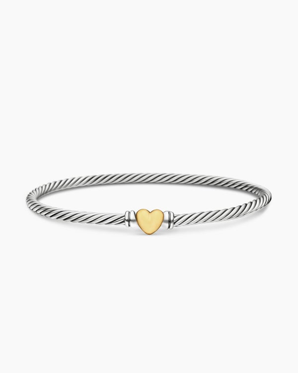 Classic Cable Heart Station Bracelet in Sterling Silver with 18K Yellow Gold, 3mm