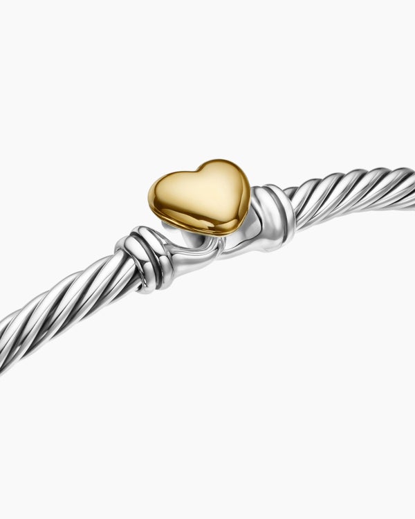 Classic Cable Heart Station Bracelet in Sterling Silver with 18K Yellow Gold, 3mm