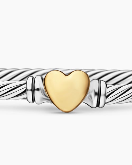 Womens Classic Cable Heart Station Bracelet in Sterling Silver with 18K Yellow Gold, 3mm