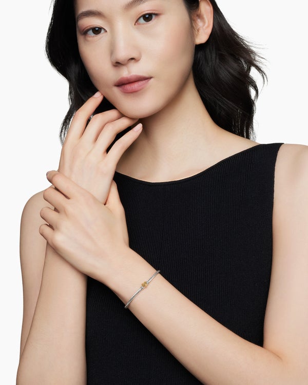 Classic Cable Heart Station Bracelet in Sterling Silver with 18K Yellow Gold, 3mm