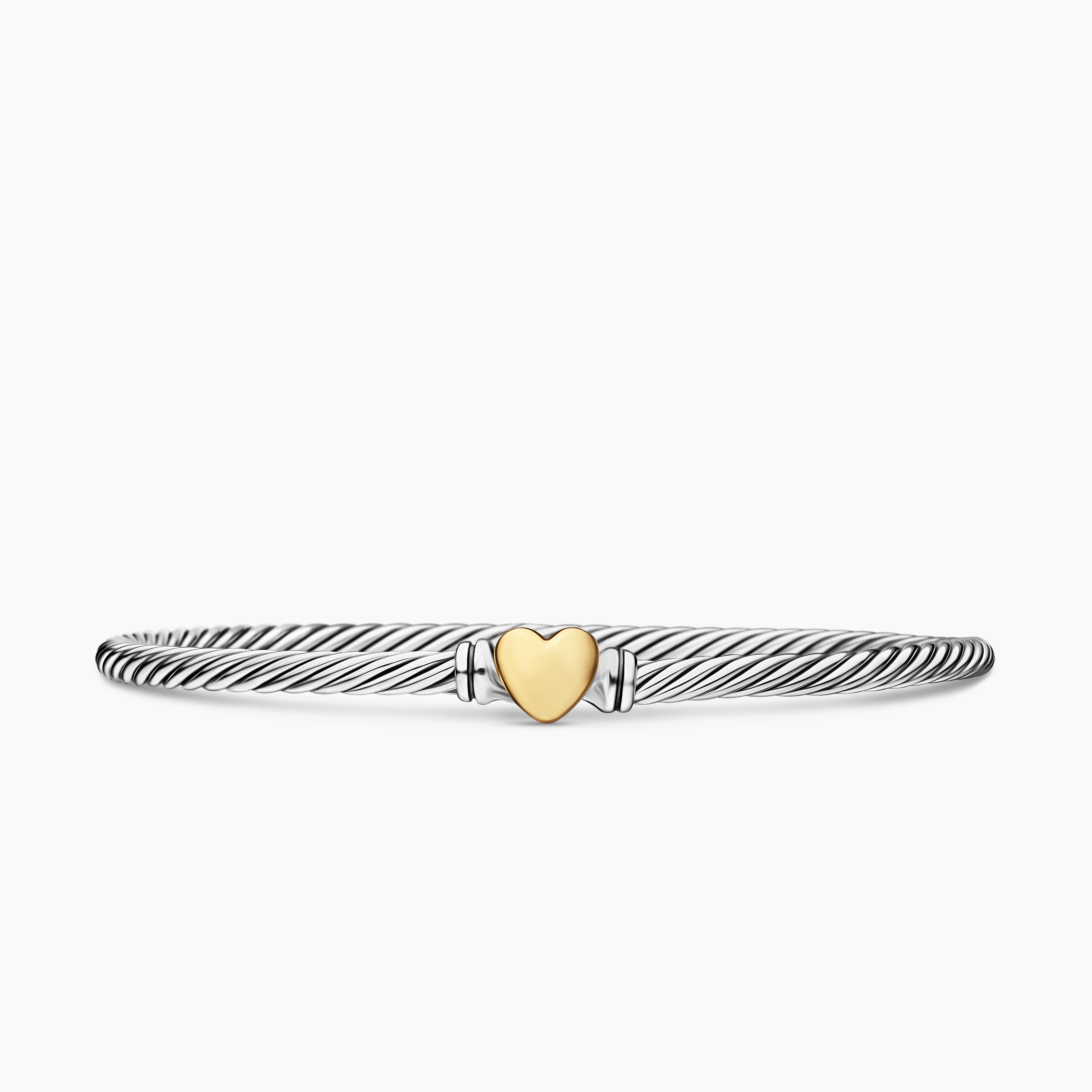Womens Classic Cable Heart Station Bracelet in Sterling Silver with 18K Yellow Gold, 3mm