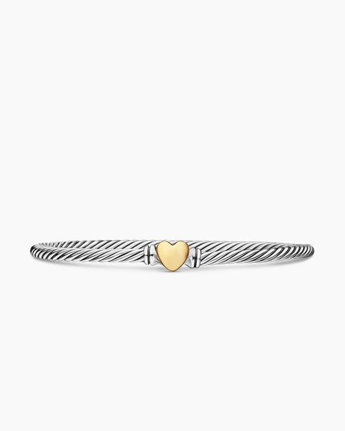 Womens Classic Cable Heart Station Bracelet in Sterling Silver with 18K Yellow Gold, 3mm