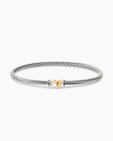 Classic Cable Heart Station Bracelet in Sterling Silver with 18K Yellow Gold, 3mm