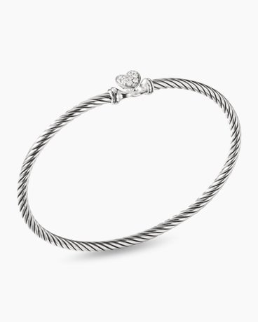 Classic Cable Heart Station Bracelet in Sterling Silver with Pavé, 3mm