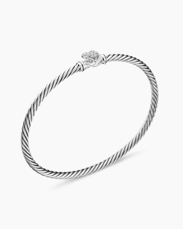 Bracelet Classic Cable à ornement cœur en argent massif avec pavé, 3 mm