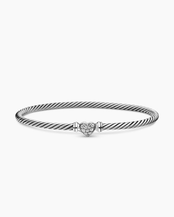 Bracelet Classic Cable à ornement cœur en argent massif avec pavé, 3 mm
