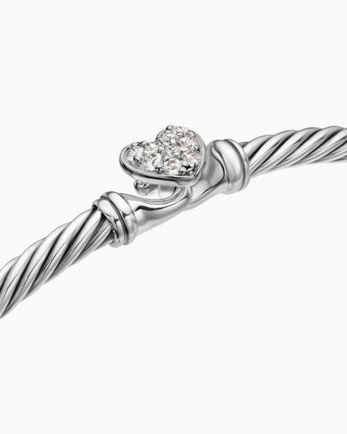 Womens Classic Cable Heart Station Bracelet in Sterling Silver with Pavé, 3mm