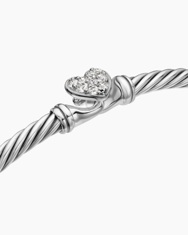 Bracelet Classic Cable à ornement cœur en argent massif avec pavé, 3 mm