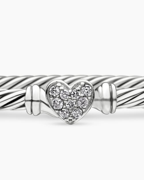 Womens Classic Cable Heart Station Bracelet in Sterling Silver with Pavé, 3mm