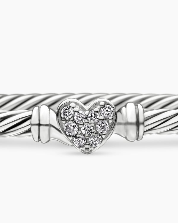 Bracelet Classic Cable à ornement cœur en argent massif avec pavé, 3 mm