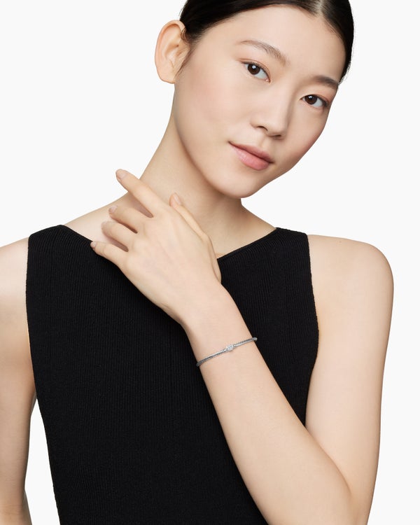 Bracelet Classic Cable à ornement cœur en argent massif avec pavé, 3 mm