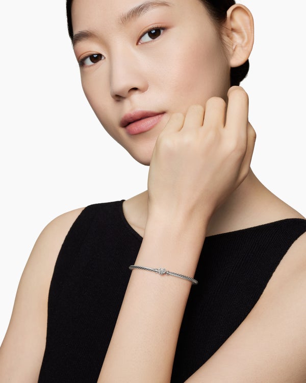 Bracelet Classic Cable à ornement cœur en argent massif avec pavé, 3 mm