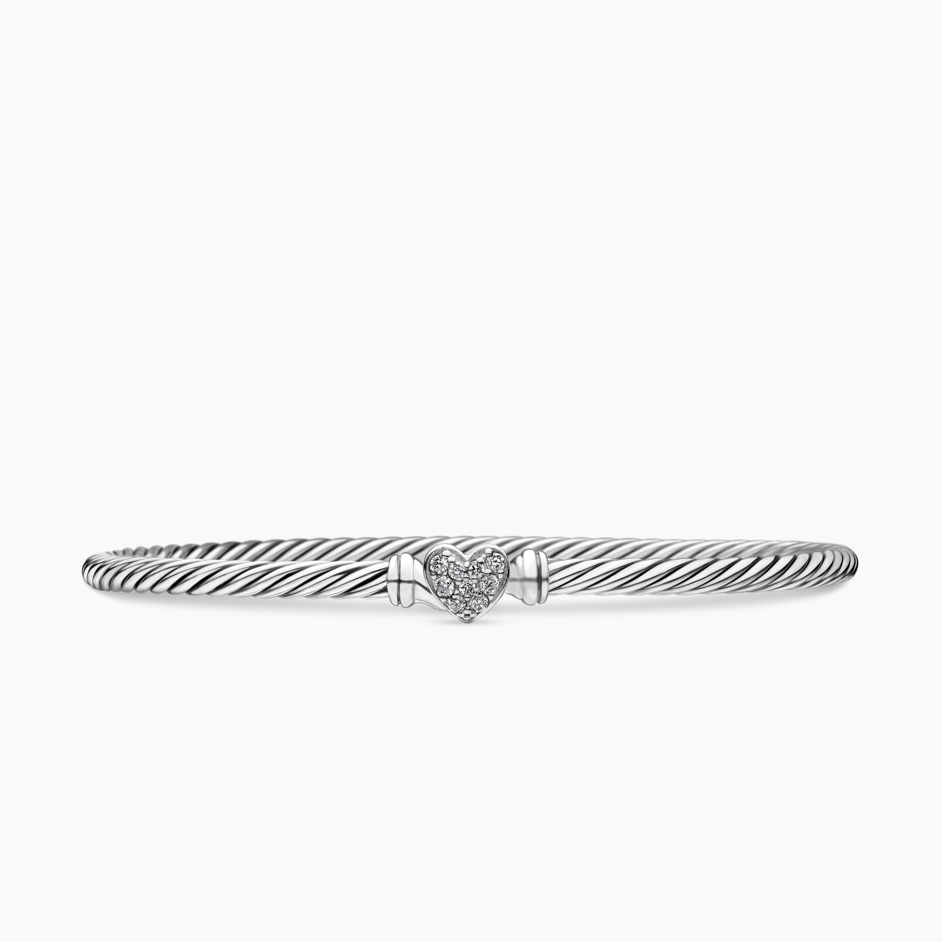 Womens Classic Cable Heart Station Bracelet in Sterling Silver with Pav&eacute;, 3mm