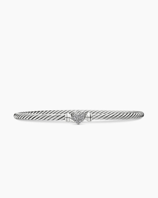 Classic Cable Heart Station Bracelet in Sterling Silver with Pavé, 3mm