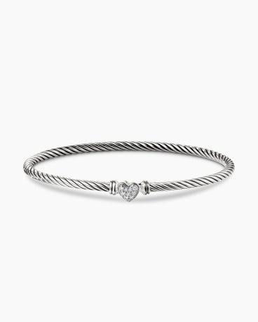 Classic Cable Heart Station Bracelet in Sterling Silver with Pavé, 3mm