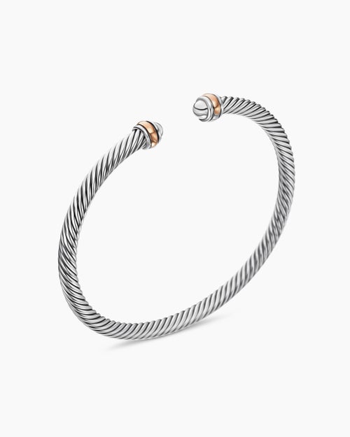 Womens Classic Cable Bracelet in Sterling Silver with 18K Rose Gold, 4mm