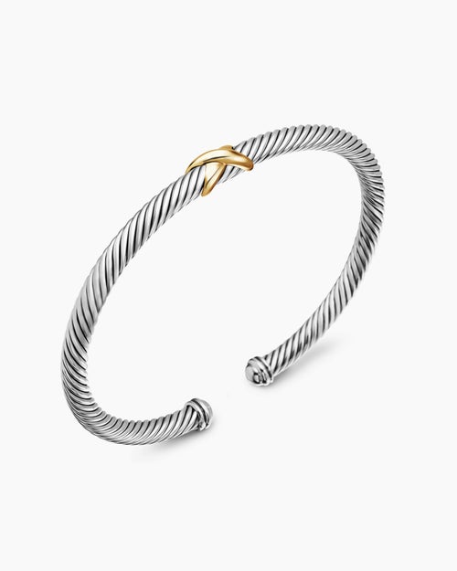 Womens X Classic Cable Station Bracelet in Sterling Silver with 18K Yellow Gold, 4mm