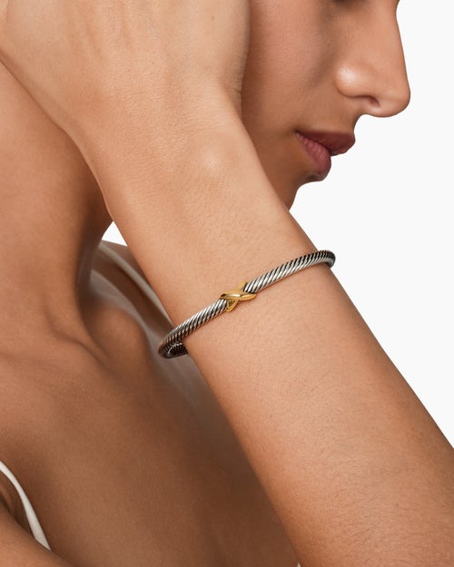 Womens X Classic Cable Station Bracelet in Sterling Silver with 18K Yellow Gold, 4mm