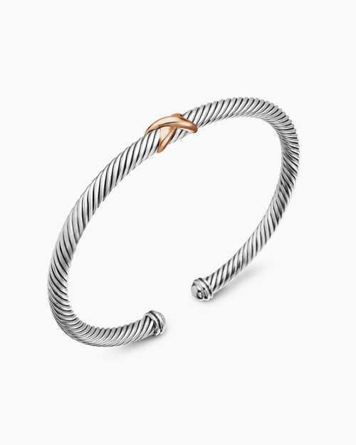Womens X Classic Cable Station Bracelet in Sterling Silver with 18K Rose Gold, 4mm