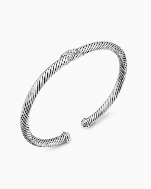 Womens X Classic Cable Station Bracelet in Sterling Silver with Diamonds, 4mm
