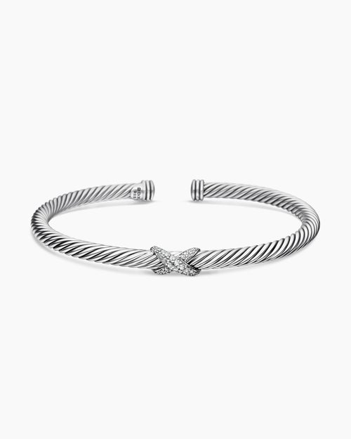 Womens X Classic Cable Station Bracelet in Sterling Silver with Diamonds, 4mm