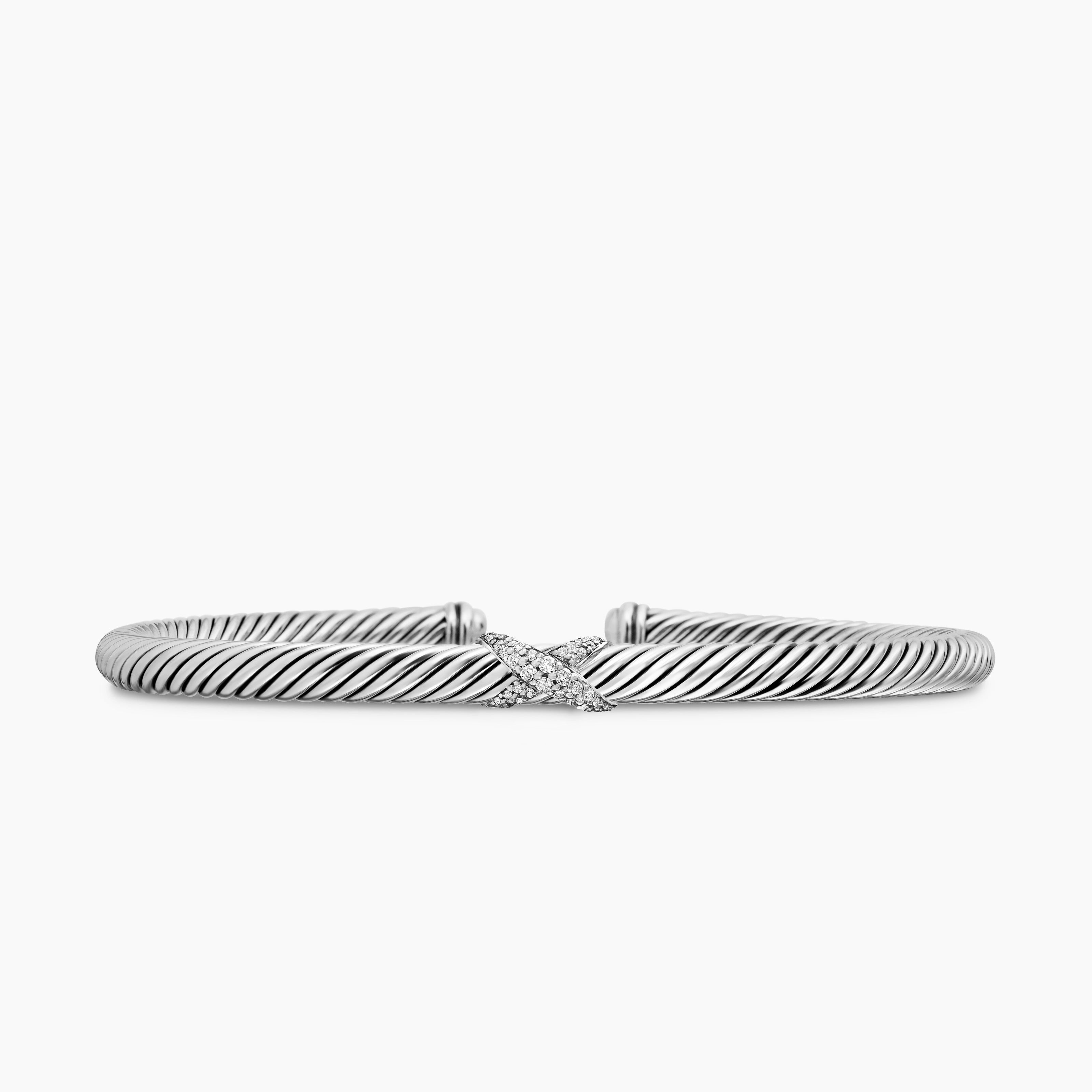 Womens X Classic Cable Station Bracelet in Sterling Silver with Diamonds, 4mm