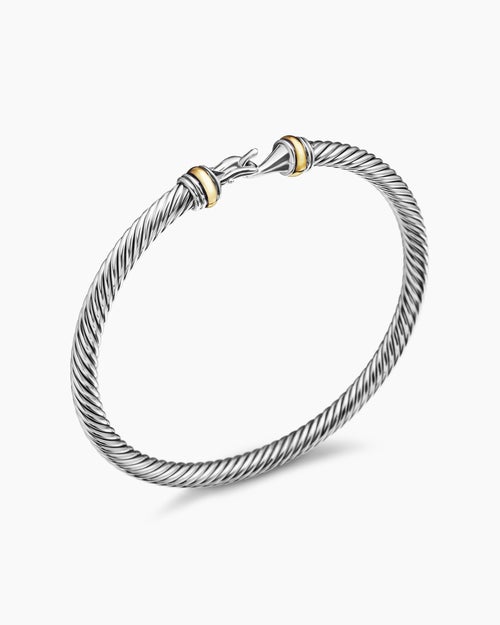 Womens Buckle Classic Cable Bracelet in Sterling Silver with 18K Yellow Gold, 4mm