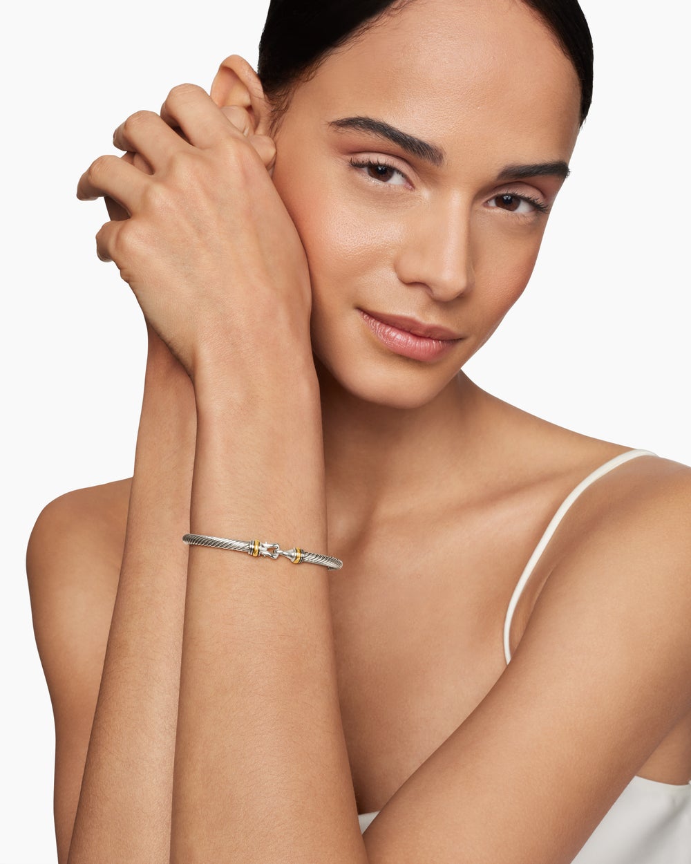 Womens Buckle Classic Cable Bracelet in Sterling Silver with 18K Yellow Gold, 4mm