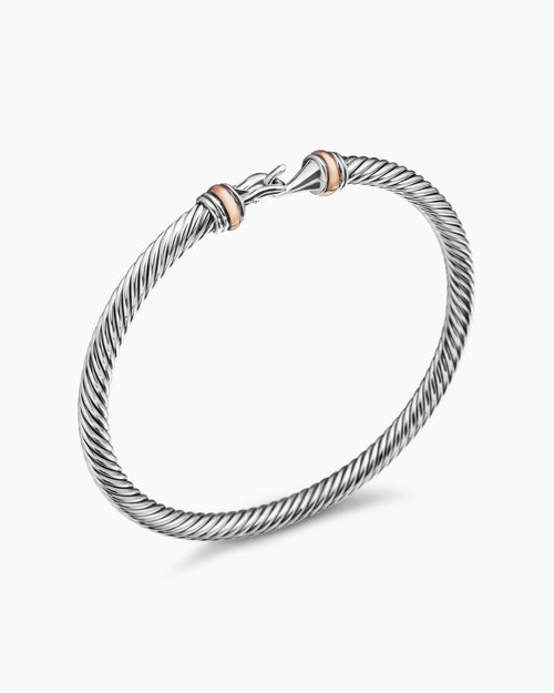 Womens Buckle Classic Cable Bracelet in Sterling Silver with 18K Rose Gold, 4mm