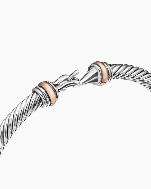 Womens Buckle Classic Cable Bracelet in Sterling Silver with 18K Rose Gold, 4mm