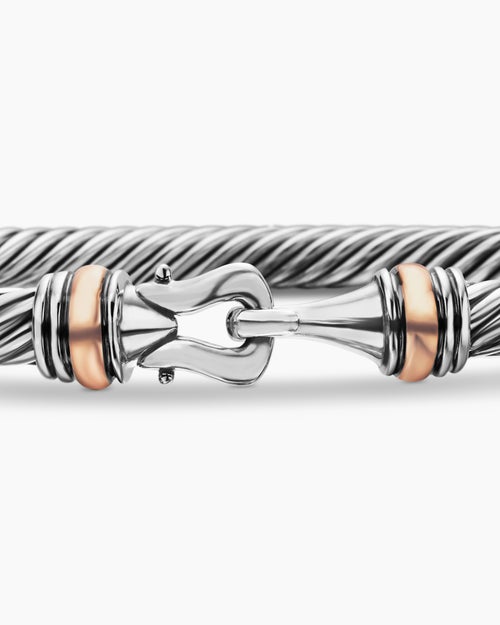 Womens Buckle Classic Cable Bracelet in Sterling Silver with 18K Rose Gold, 4mm