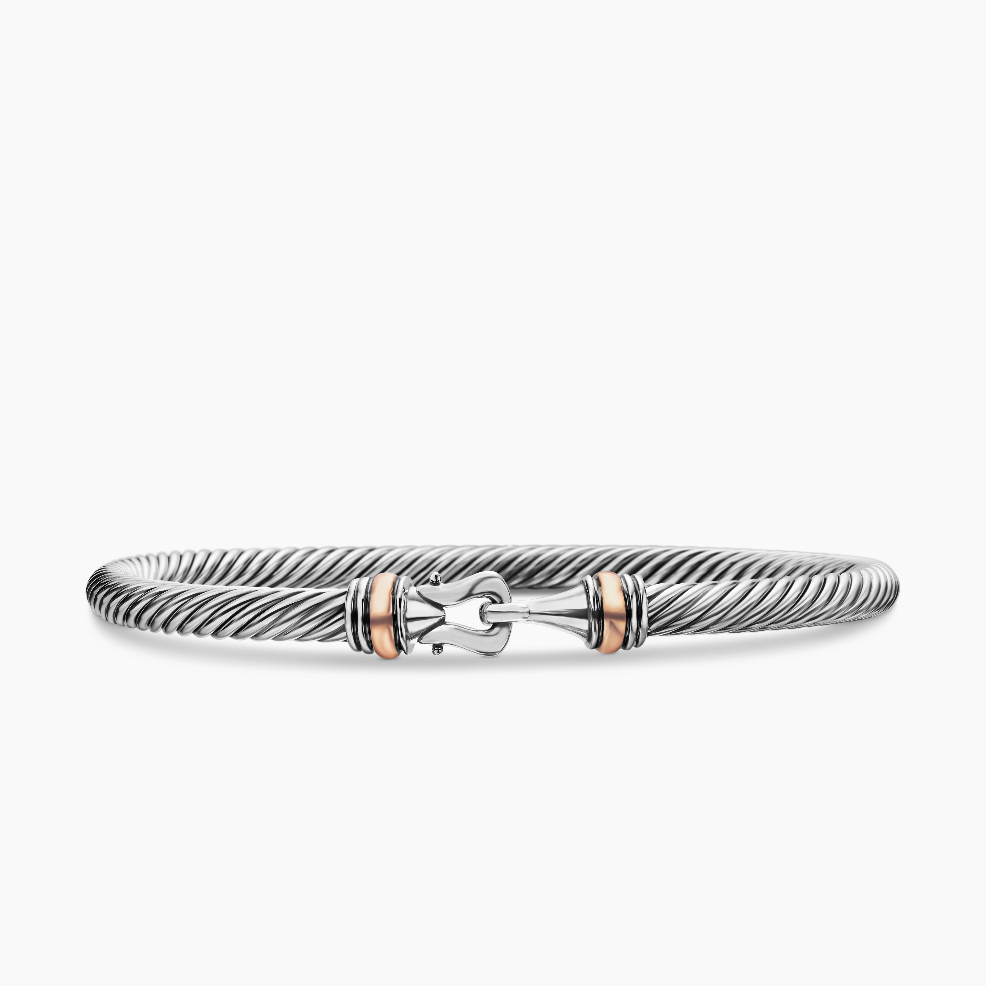 Womens Buckle Classic Cable Bracelet in Sterling Silver with 18K Rose Gold, 4mm