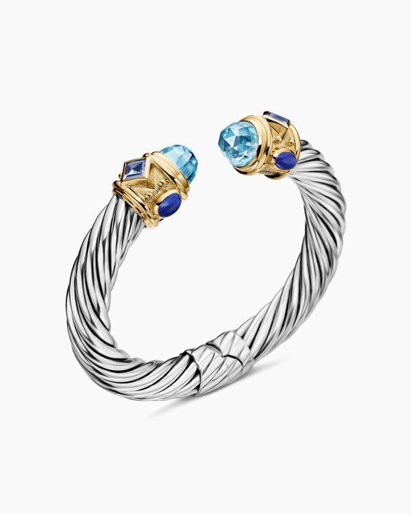 Renaissance® Classic Cable Bracelet in Sterling Silver with 14K Yellow Gold, Blue Topaz, Iolite and Lapis, 10mm