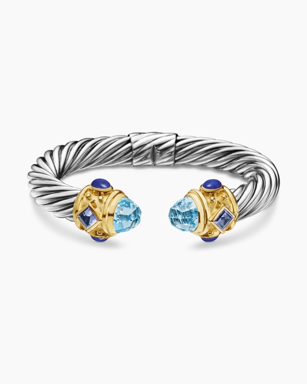Renaissance® Classic Cable Bracelet in Sterling Silver with 14K Yellow Gold, Blue Topaz, Iolite and Lapis, 10mm