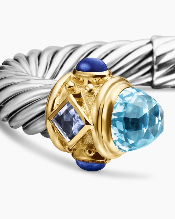 Renaissance® Classic Cable Bracelet in Sterling Silver with 14K Yellow Gold, Blue Topaz, Iolite and Lapis, 10mm