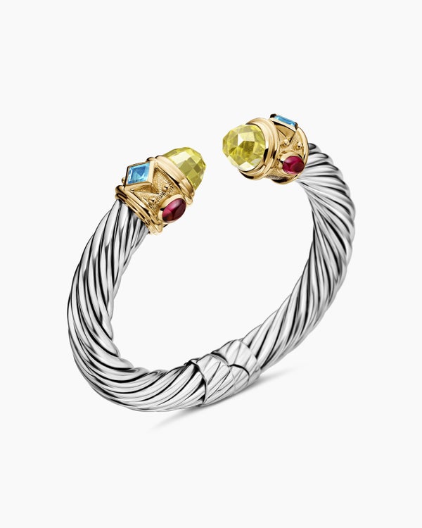 Renaissance® Classic Cable Bracelet in Sterling Silver with 14K Yellow Gold, Citrine, Blue Topaz and Rhodolite Garnet, 10mm