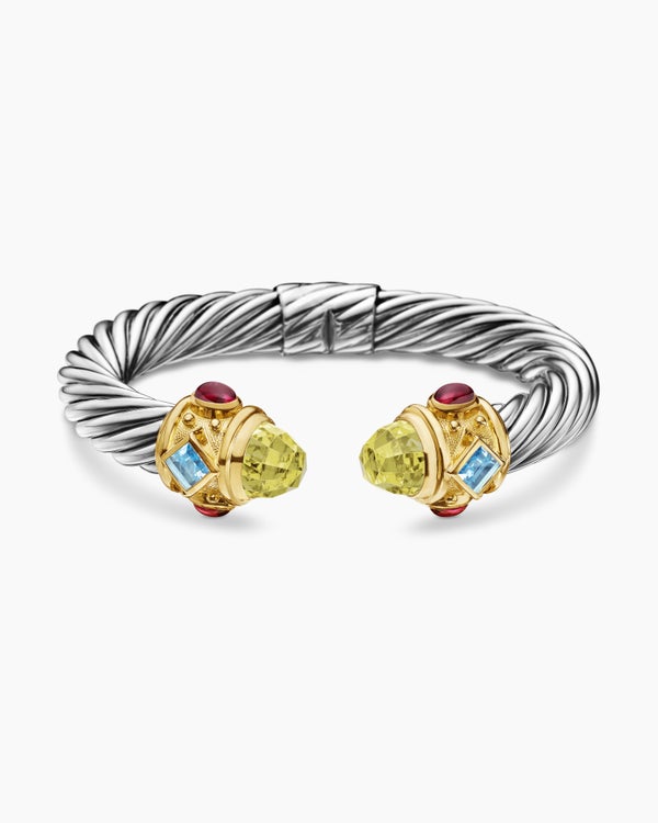 Renaissance® Classic Cable Bracelet in Sterling Silver with 14K Yellow Gold, Citrine, Blue Topaz and Rhodolite Garnet, 10mm