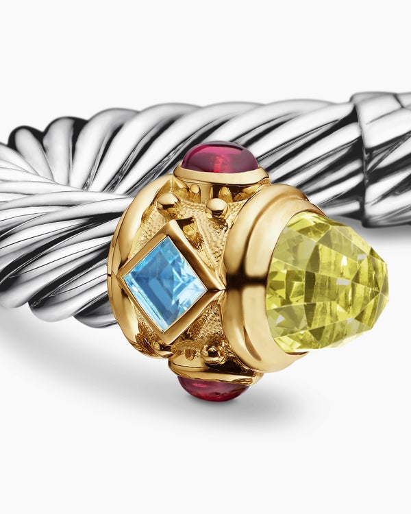 Renaissance® Classic Cable Bracelet in Sterling Silver with 14K Yellow Gold, Citrine, Blue Topaz and Rhodolite Garnet, 10mm